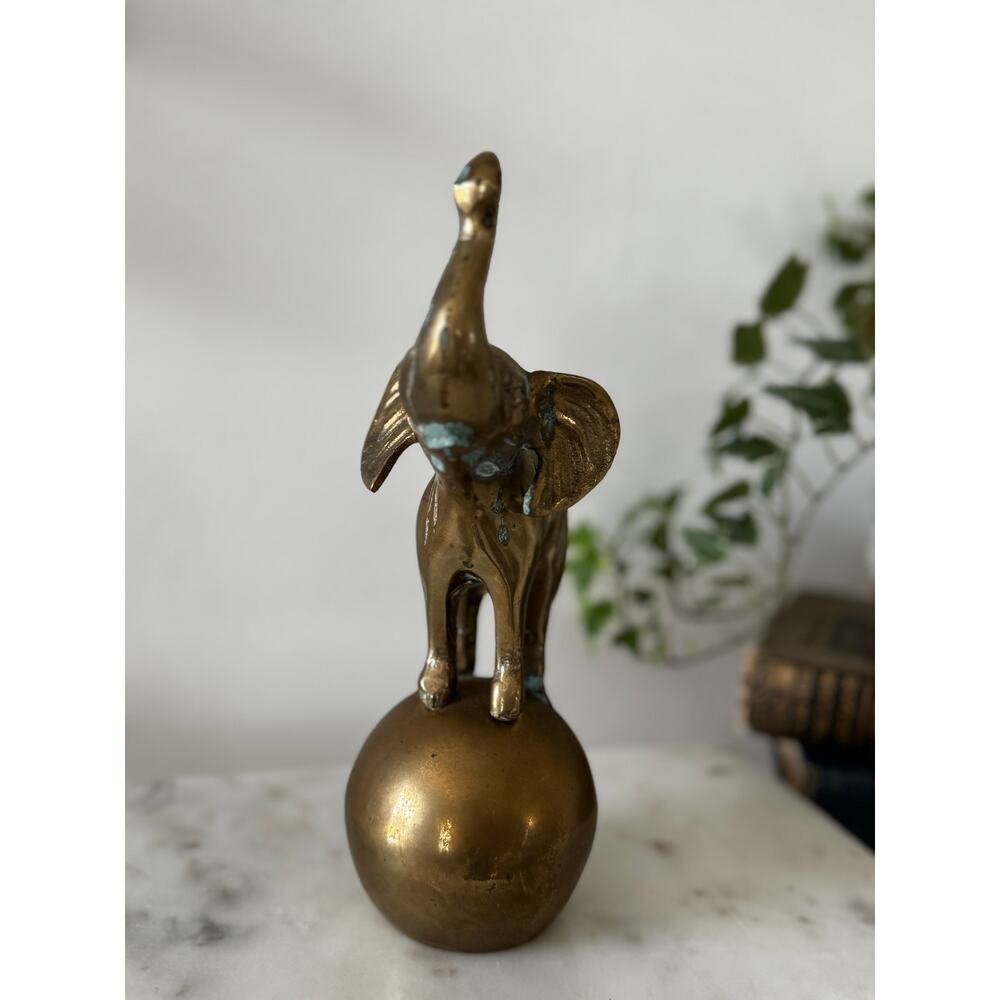 Vintage Brass Elephant on Ball Statue Mid Century Safari Decor - Picture 5 of 8